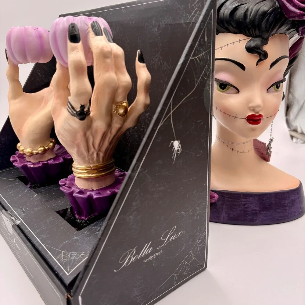 Bella Lux Halloween Bride of Frankenstein Bust & Hand Candle Holder Set Purple